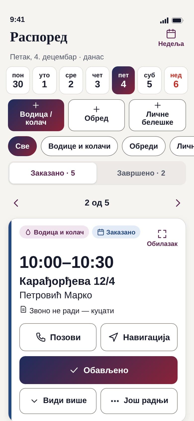 Распоред: картица посете у 10:00 са дугмадима Позови, Навигација и Обављено